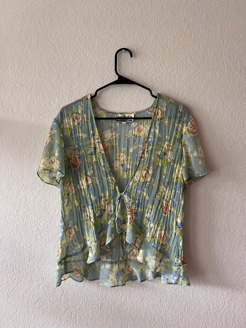 Vintage Sheri Martin New York Green Pleated Floral Blouse Short Sleeve